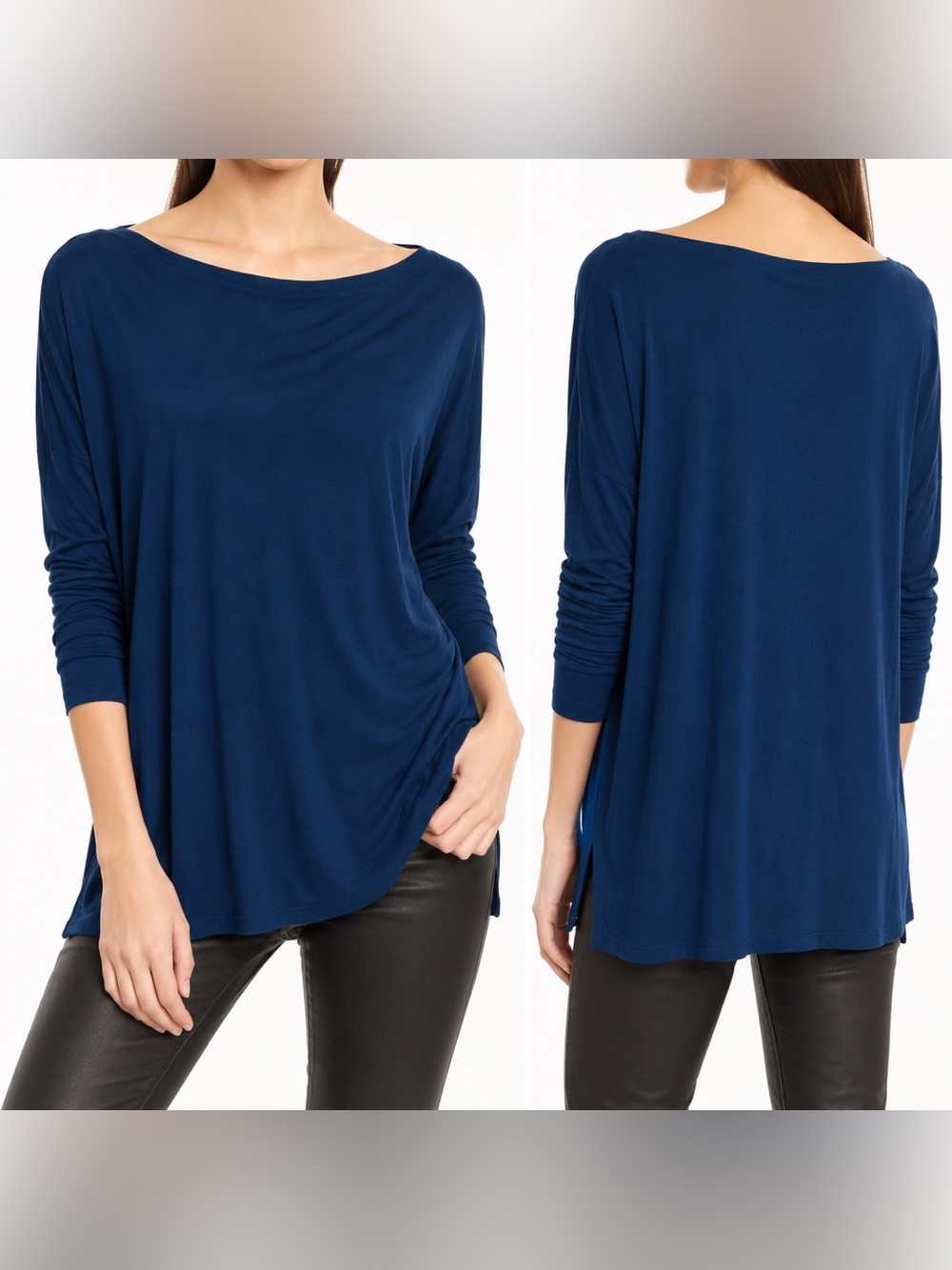 Vince Boat Bateau Neck Drop Shoulder Long Sleeve Tunic Small Blue